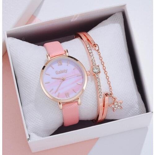 Fashion Women Watches 2PCS /Set Casual Bracelet Dress Quartz Clock Ladies Wrist Watch Gradients Marble Dial Sports Women Watch