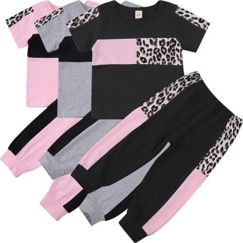 New Girls Casual Two-piece Clothes Set, Round Collar Short Sleeve Tops and Pants, Pink/ Grey/ Black