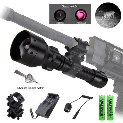 850nm IR Hunting Torch Long Range Infrared Flashlight +25 MM Rifle Mount +Remote Pressure Switch+2 pcs Battery+USB Charger