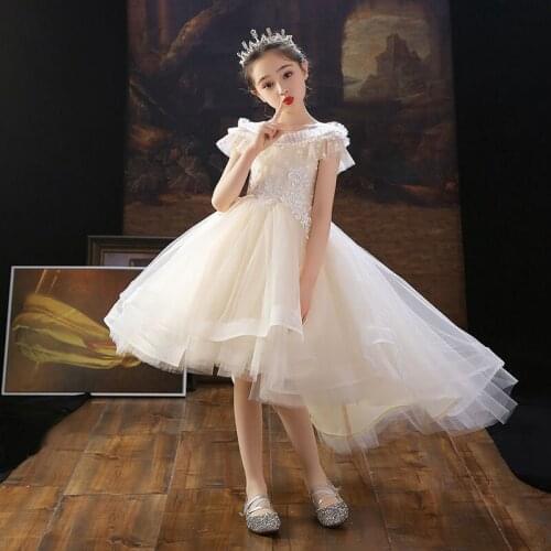 Holy Communion Dresses Champagne Tulle Flower Girl Dresses For Wedding Lace Appliques Beaded Kids Pageant Party Gown