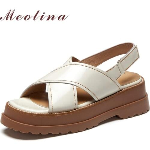 Meotina Women Sandals Shoes Genuine Leather Sandals Platform Wedges High Heel Shoes Square Toe Ladies Footwear Summer White 42