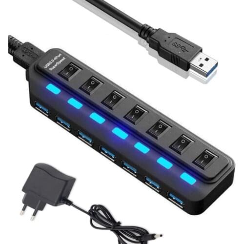 USB HUB 3.0 4 7 Ports with Power Switch LED Multiple USB Splitter US/EU/AU/UK Power Adapter for Laptop PC Computer Accessories