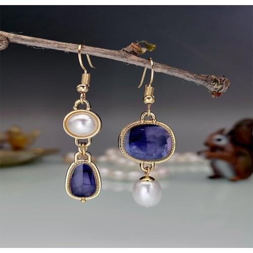 Vintage Imitation Pearl Dangle Earrings For Women With Blue Stones Asymmetric Earring Banquet Jewelry Gift Accessories Wholesale