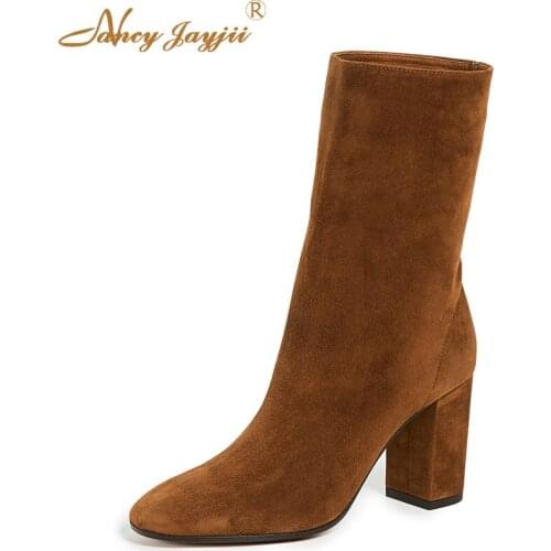 Apricot Black Flock Female Boots Ankle Booties Classic Short Plush Dress Casual Career 2021 Winter Autumn Suede Block Heels Lad