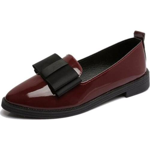 CUZULLAA Women Butterfly-knot Patent Leather Casual Shoes Non-slip Fashion Sneakers Female Pointed Toe Slip-on Shoes 35-42