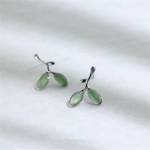 925 Sterling Silver Opal Green Leaf Stud Earrings For Women Elegant Party Jewelry Accessories Brincos eh265