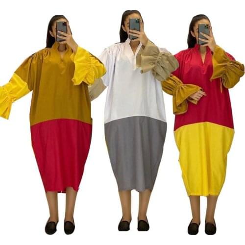 Color Matching Casual Dress African Clothing Fashion Trumpet Sleeve Womens Long Skirt Autumn New Color Matching Loose Vestidos