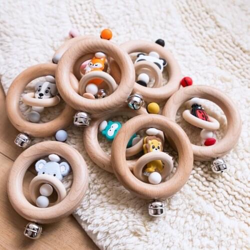 1pc Baby Silicone Educational Rattle Toys Cartoon Animal Teething Ring Of Beech Wood Crochet Children Wooden Blanks Bed Bell