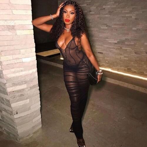 BKLD Ladies Clothes New Nightclub Sexy Spaghetti Strap Low-Cut Backless Mesh See Through Ruched Bodycon Dresses For Women 2021