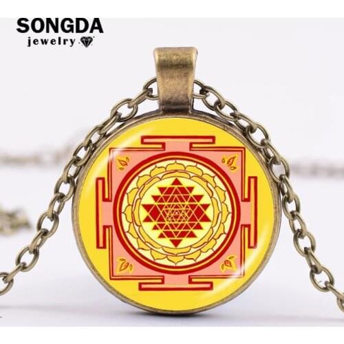 SONGDA Classic Buddhist Sri Yantra Symbol Long Necklace Sacred Geometry Crystal Cabochon Pendant Chain Choker Sri Yantra Jewelry