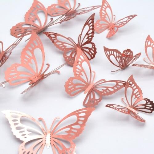 New 12pcs Hollow 3D Butterfly Wall Sticker for Wedding Decoration living room window Home Decor Gold silver Butterflies stickers