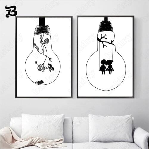 Canvas Painting Black and White Abstract Boy and Girl In Bulb Poster and Print Wall Art Pictures for Kids Baby Room Home Decor