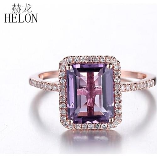 ELON Solid 14k Rose Gold Emerald Cut 9x7mm Genuine Purple Amethyst Diamond Engagement Wedding Ring Women Fine Jewelry Best Gift