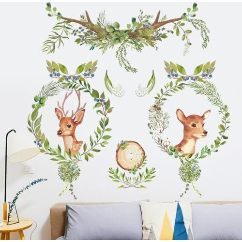 LuanQI Watercolor Cartoon Elk Green Leaves Trees Wall Stickers For Kids Room Baby Nursery Room Decoration PVC Bathroom Stickers