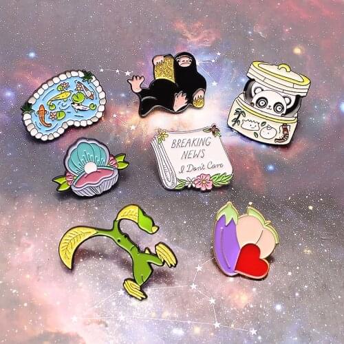 Cute Enamel Pin newspaper News Pearly Shells Swimming pool Animal panda fish chimpanzee for women Badge Pins Jewelry