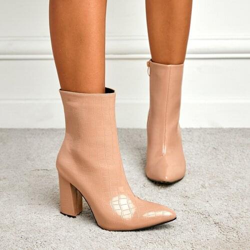 Fashion Black Patent Leather Women Ankle Boots Winter Pointed Toe Square Heel Boots Stiletto Women Pumps Chelsea Boots 2022