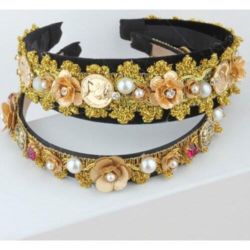 Trendy gem Baroque Golden coin lace Hair Jewelry Accessories Flower pearl Headbands Female Wedding Crystal Headwear Bridal Tiara