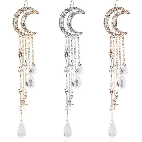 Moon Pentagonal Star Crescent Pendant Hair Clip for Women Elegant Snap Barrette Stick Hairpin Hair Styling Accessories T0236