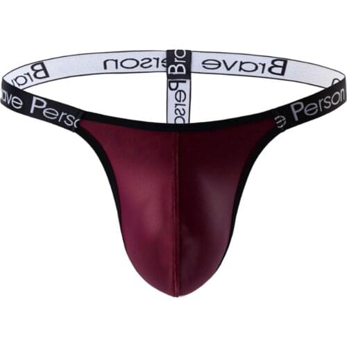 Mens Faux Leather Bulge Pouch Underwear G-string Briefs T-back Thong Panties Low Waist Letter Print Elastic Waistband Underpants