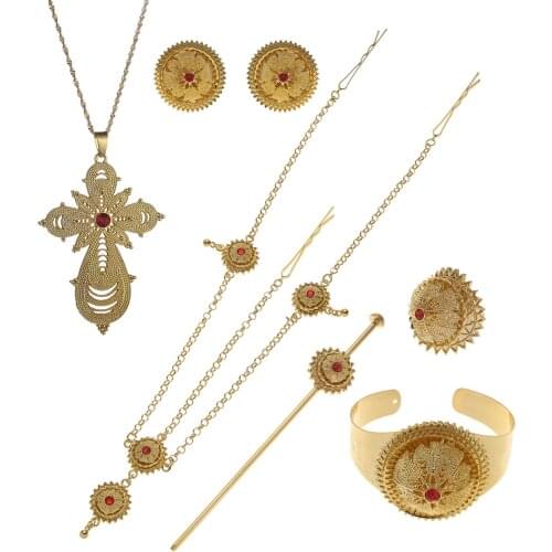 Gold Ethiopian Traditional Jewelry Set Necklace Earrings Bracelet Men Eritrea Sets for Womens Habesha Wedding Bridal Best Gift