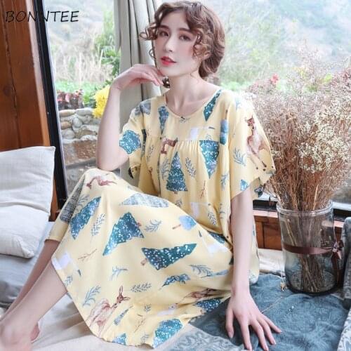 Nightgowns Women Sweet Summer Thin Mid-calf Sleepwear Short Sleeve All-match Fashion Loose Lounge Ladies Home Cool Print Soft