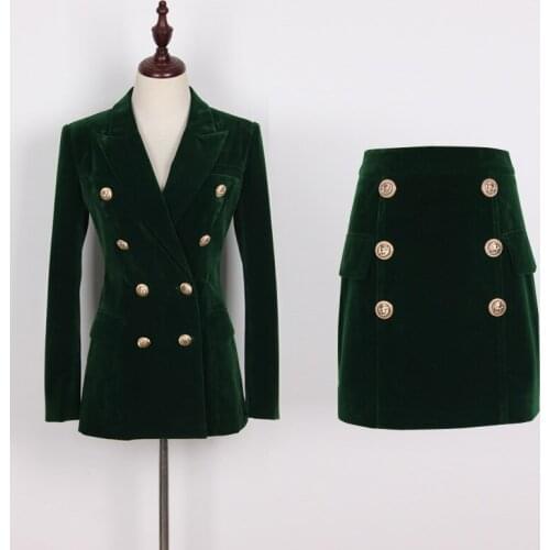 Autumn Winter Chic OL elegant Skirt suit High quality Double-breasted Velvet blazer jackets+A-line Skirt 2piece set C758