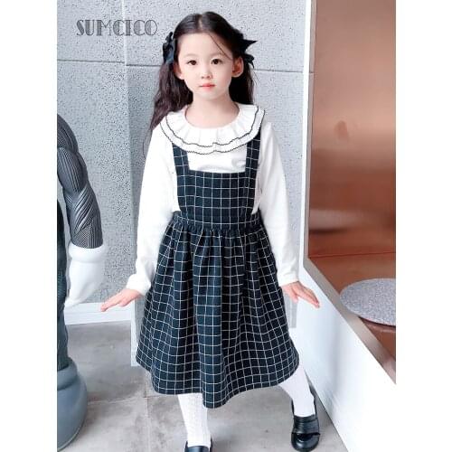 Sumcico 2020Fall Girls Overall Dress Toddlers Suspender Dress with Plaid Navy Color A-line Cotton Fabric Age2-14Y