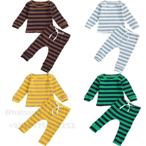 Toddler Baby Boys Girls Pajamas Set Autumn Spring Long Sleeve Rib Knit Striped Top+Pants 2Pcs Lounge Wear Set Kids Boys Clothing