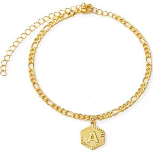 1 Piece Stainless Steel Anklet Gold Color Hexagon Initial Alphabet/ Capital Letter Message ""A" - "S" Leg Jewelry 24cm long