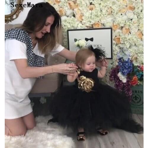 Baby Girl Puffy Tulle Dress with Gold Sequins High-Low O Neck 1 Year First Birthday Girls Party Wedding Christening Gown