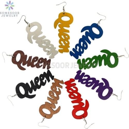 SOMESOOR Colorful Queen Engraving African Tribal Wooden Drop Earrings Craved Letters Afro Loops Dangle Jewelry For Women Gifts