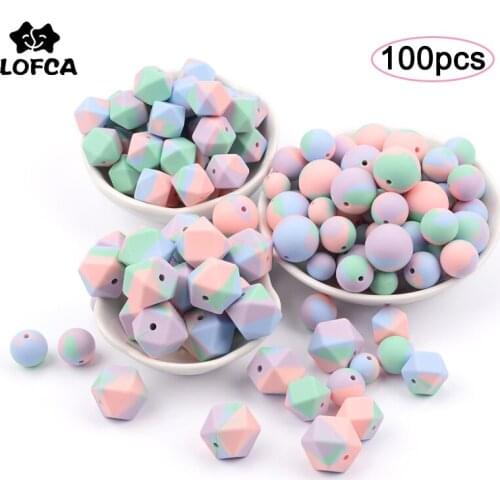 LOFCA 100pcs/lot Silicone Loose Beads Teething Beads Tie-dye Teething Charm Teether Baby Chewing Necklace Soft Chewable Gift Toy