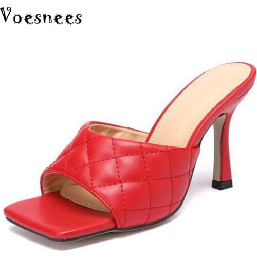 Voesnees 2020 Summer New Womens Shoes Casual Stiletto Slippers Female Square Toe Rhombus Large Size High Heels9cm Ladies Slides
