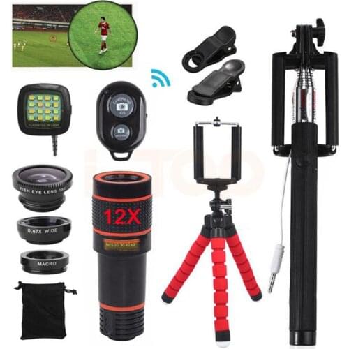 Universal Zoomable 12X Monocular Cell Mobile Zoom 15 In 1 Smartphone Camera Zoom Lens Clip Optical Telescope Kit Telephoto Lens