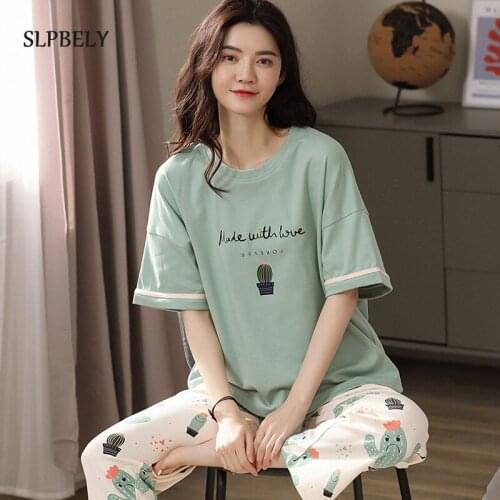 SLPBELY Women Pajamas Set Homewear Lovely Cartoon Cactus Short Sleeve O Neck Sleepwear Nightwear Summer Homesuit Pyjamas Pijamas