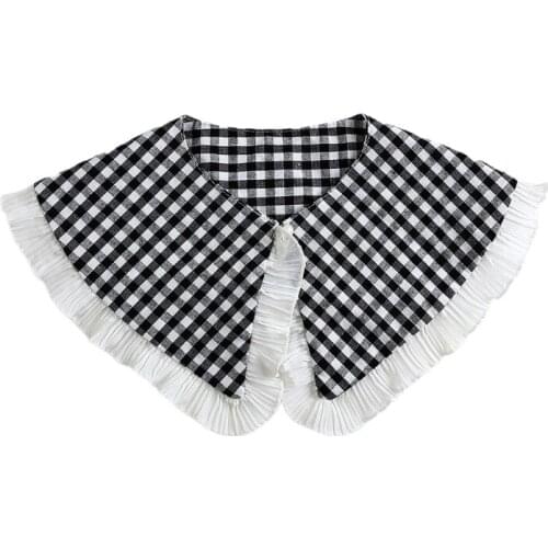 Women Black White Plaid False Collar Shawl Student Ruffles Necklace Mini Capelet