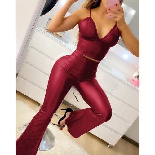 2020 Autumn Spring Women V-Neck Sexy Eyelash Lace Sleeveless PU Leather Spaghetti Strap Crop Top & Flared Pants Set Suit Set