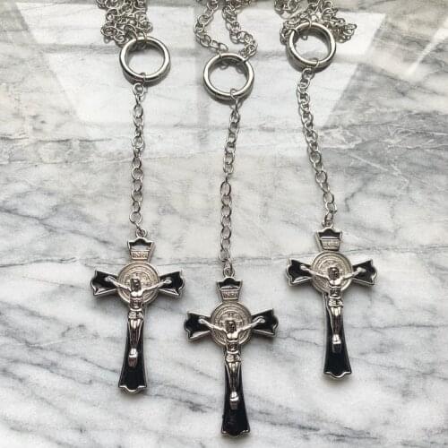 Goth Vampire Bondage Christ Rosary Necklace Large Cross Black Witchy Rock Chain Pendant Statement Punk Charm Jewelry Women Gift