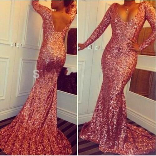Vestido de noiva festa longo 2018 Mermaid Long Sleeve Backless Sequin Sexy Prom Party gown Sweep Train bridesmaid dresses
