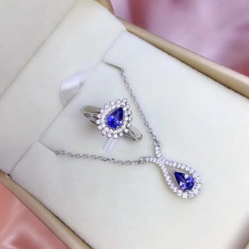 100% Natural and Real Tanzanite jewelry set 925 sterling silver 1pc Tanzanite pendant,1pc Tanzanite ring