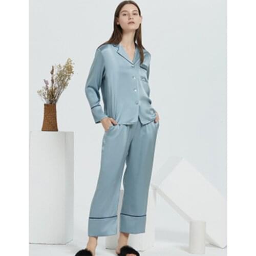 19mm Heavy Silk Pajamas Set Women Lady Fashion 100% Silk Fine Pajamas Suit Home Service Female Long Sleeve Trousers Set V