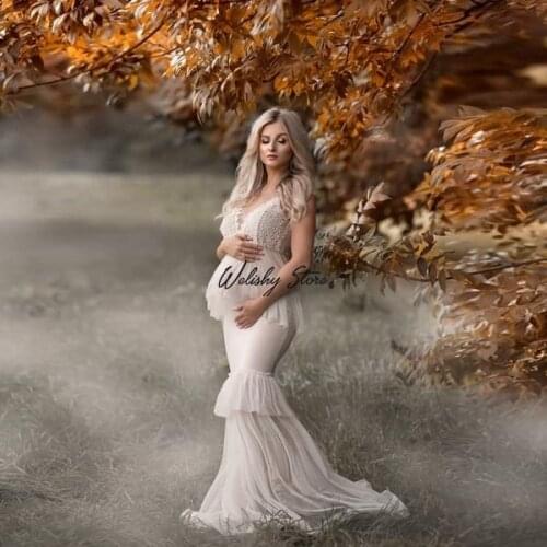 2021 Beige Lace Appliques V Neck Long Mermaid Maternity Dresses Women Spaghetti Strap Floor Length Tiered Ruffles Tulle Dress