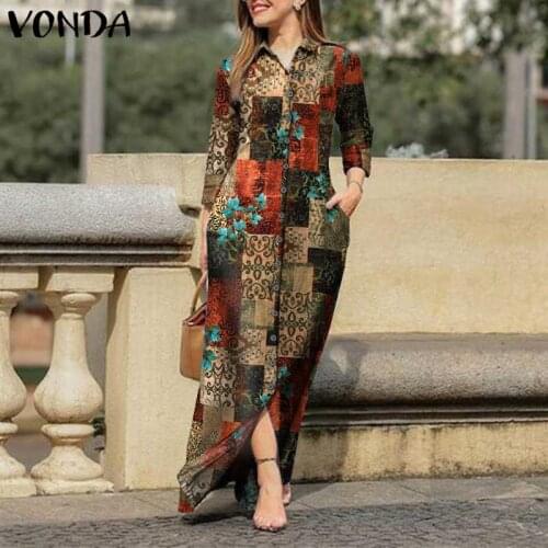 Spring Vintage Floral Printed Cotton Dress VONDA Women Casual Lapel Collar Button Up Dresses Bohemian Vestidos S-5XL Long Robe