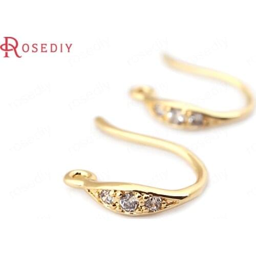 33772)6PCS Height 10MM 24K Gold Color Brass with Zircon Earrings Hooks High Quality Diy Jewelry Findings Accessories