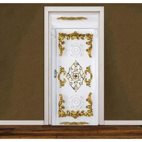 European Style 3D Gold Carved Flower Door Sticker Living Room Bedroom Luxury Wallpaper Home Decor Poster PVC Self-Adhesive Mural