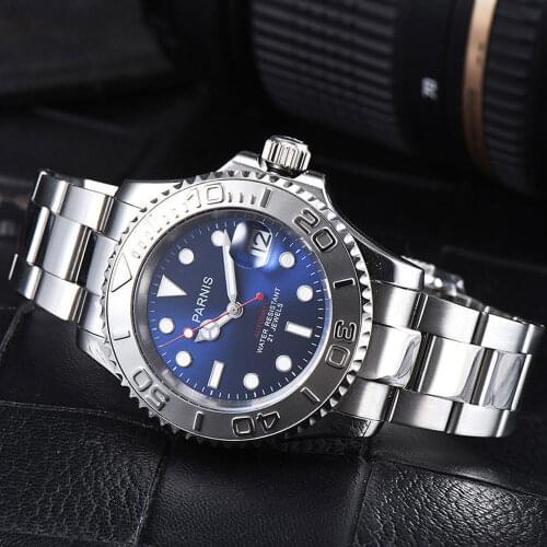 41mm Parnis blue dial ceramic bezel Luminous markers Sapphire glass date adjust 21 jewels miyota Automatic movement Mens Watch