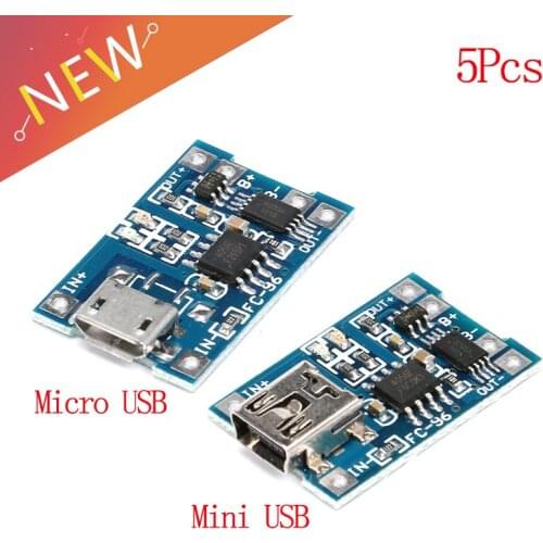 5 pcs Micro USB 5V 1A 18650 TP4056 Lithium Battery Charger Module Charging Board With Protection Dual Functions 1A Li-ion