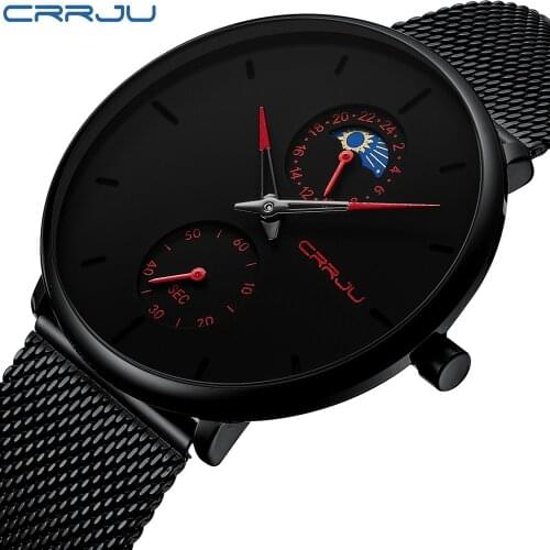 New Arrivals Luxury Brand CRRJU Unique Design Daily Dress Steel Watch for Men 24 Hours Quartz Clock Black Dial Red Hands 2019