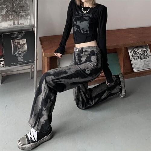 Shnsophi Black Denim Pants Women Wide Leg Jeans High Waist Y2K Jeans Gothic Tie Dye Streetwear Femme Trousers Jean Boyfriend