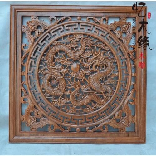 Dongyang wood carving wood carving crafts living room Shuanglongxizhu camphorwood Home Furnishing square pendant Pendant